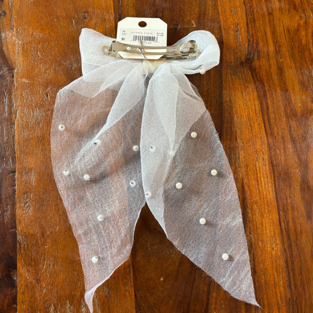 Altar'd State White Sheer Mesh Pearl Hair Bow Barrette Long Tail Bridal Coquette - Picture 5 of 7